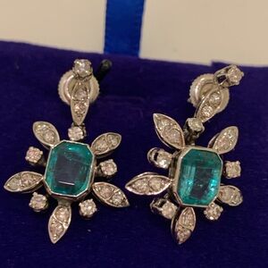 SOLD Art Deco Vintage Platinum Emerald And Diamond Earrings Outstanding